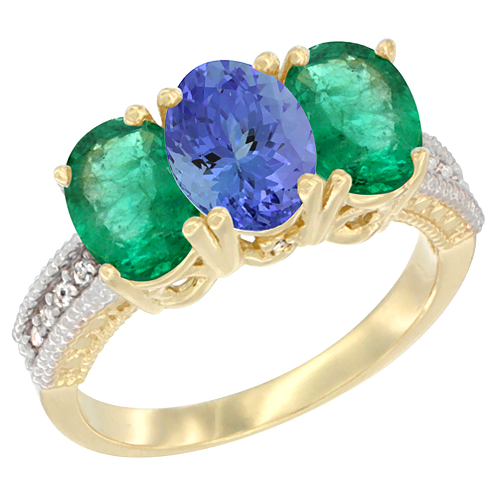 14K Yellow Gold Natural Tanzanite & Emerald Sides Ring 3-Stone 7x5 mm Oval Diamond Accent, sizes 5 - 10