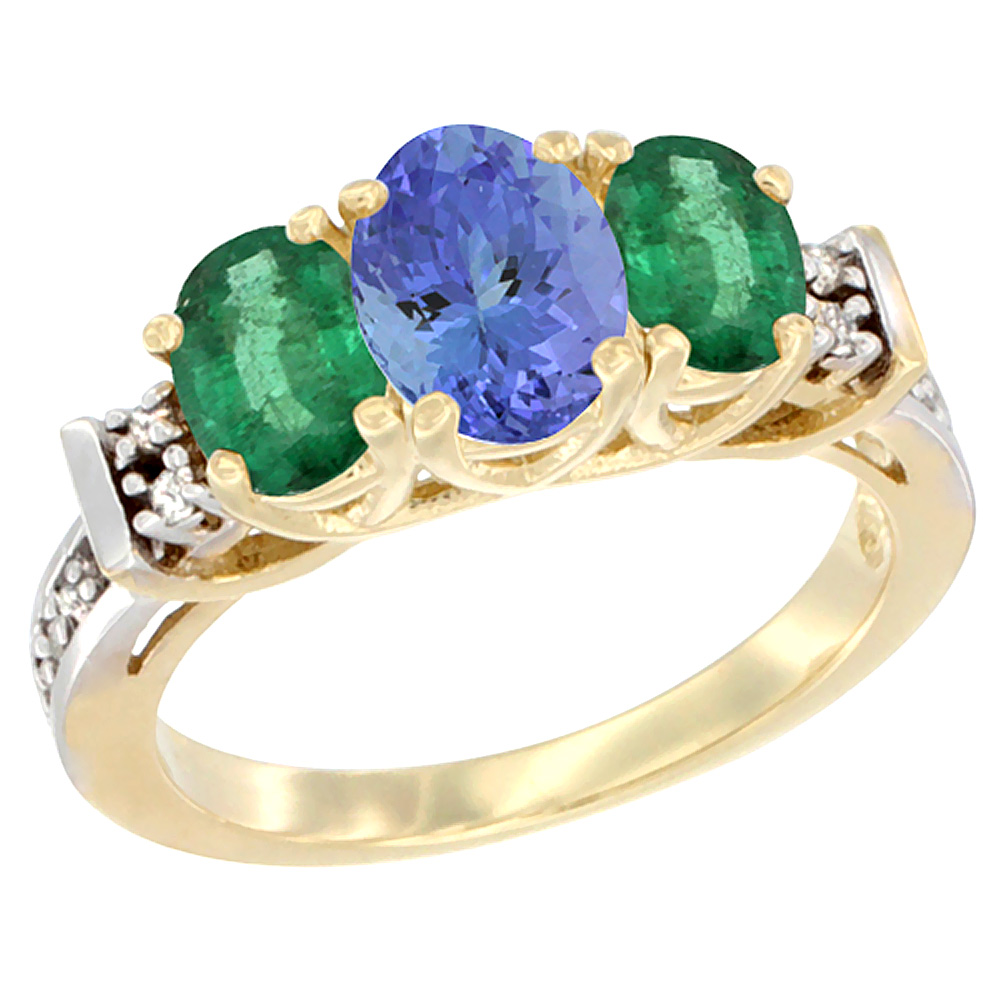 10K Yellow Gold Natural Tanzanite &amp; Emerald Ring 3-Stone Oval Diamond Accent
