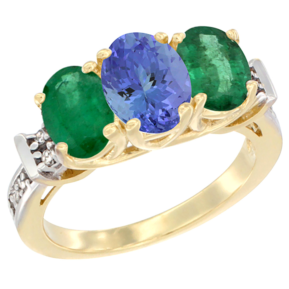 10K Yellow Gold Natural Tanzanite & Emerald Sides Ring 3-Stone Oval Diamond Accent, sizes 5 - 10