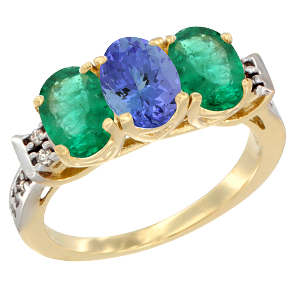 14K Yellow Gold Natural Tanzanite &amp; Emerald Sides Ring 3-Stone Oval 7x5 mm Diamond Accent, sizes 5 - 10