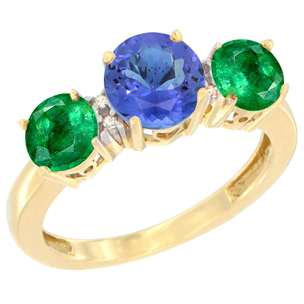 10K Yellow Gold Round 3-Stone Natural Tanzanite Ring & Emerald Sides Diamond Accent, sizes 5 - 10
