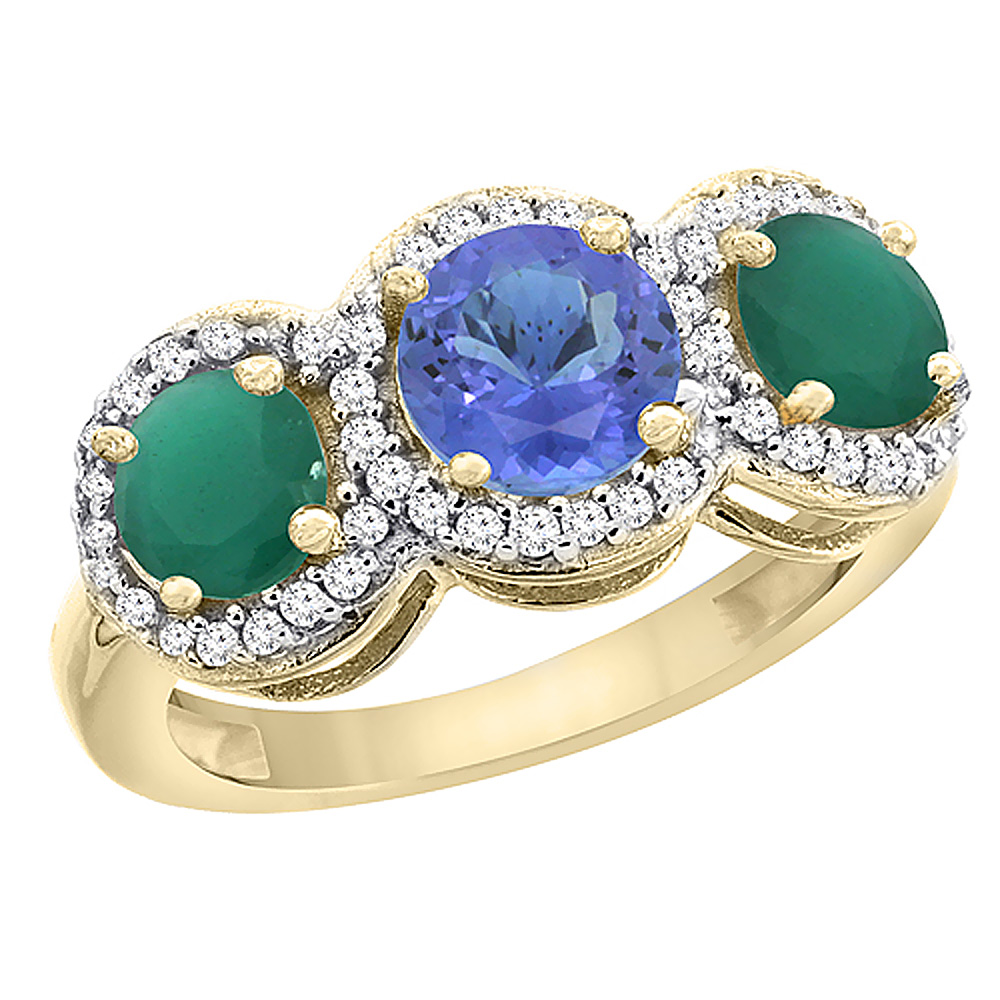 14K Yellow Gold Natural Tanzanite &amp; Emerald Sides Round 3-stone Ring Diamond Accents, sizes 5 - 10
