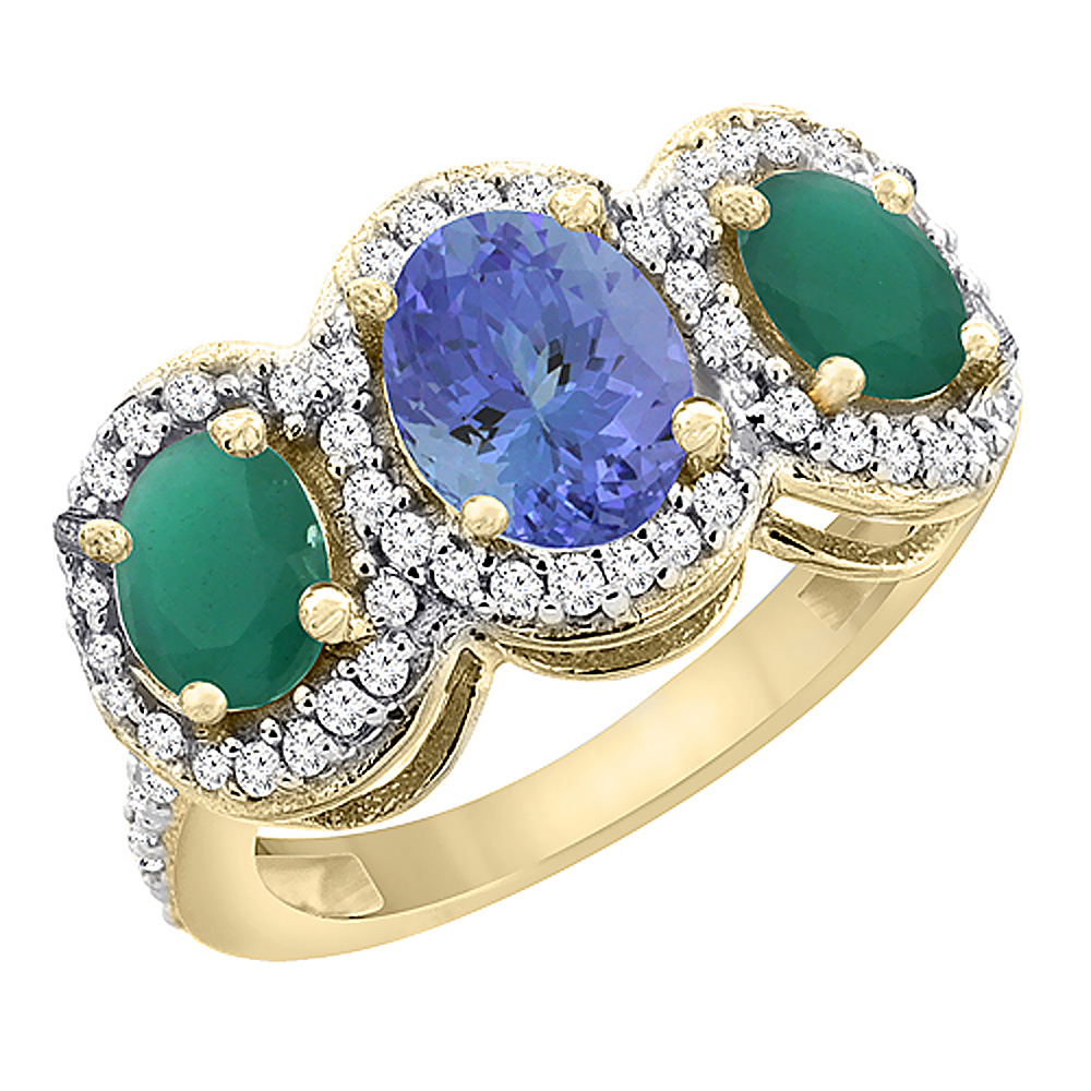 14K Yellow Gold Natural Tanzanite & Cabochon Emerald 3-Stone Ring Oval Diamond Accent, sizes 5 - 10