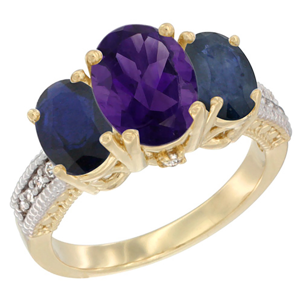 14K Yellow Gold Diamond Natural Amethyst Ring 3-Stone Oval 8x6mm with Blue Sapphire, sizes5-10