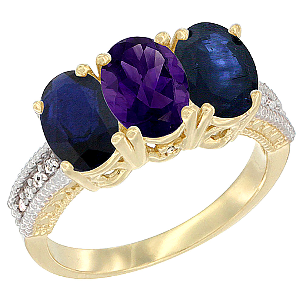 14K Yellow Gold Natural Amethyst & Blue Sapphire Sides Ring 3-Stone 7x5 mm Oval Diamond Accent, sizes 5 - 10