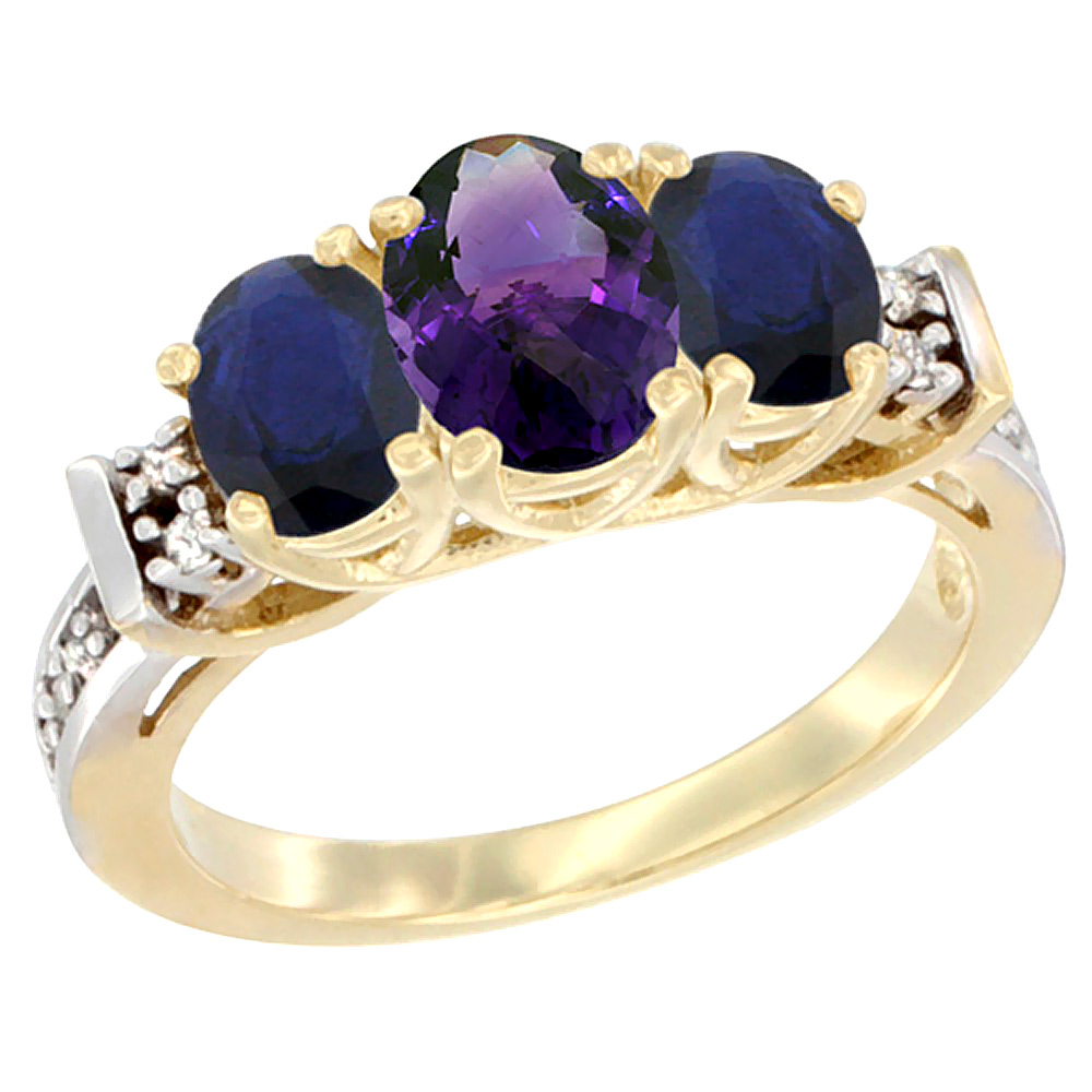 14K Yellow Gold Natural Amethyst & High Quality Blue Sapphire Ring 3-Stone Oval Diamond Accent