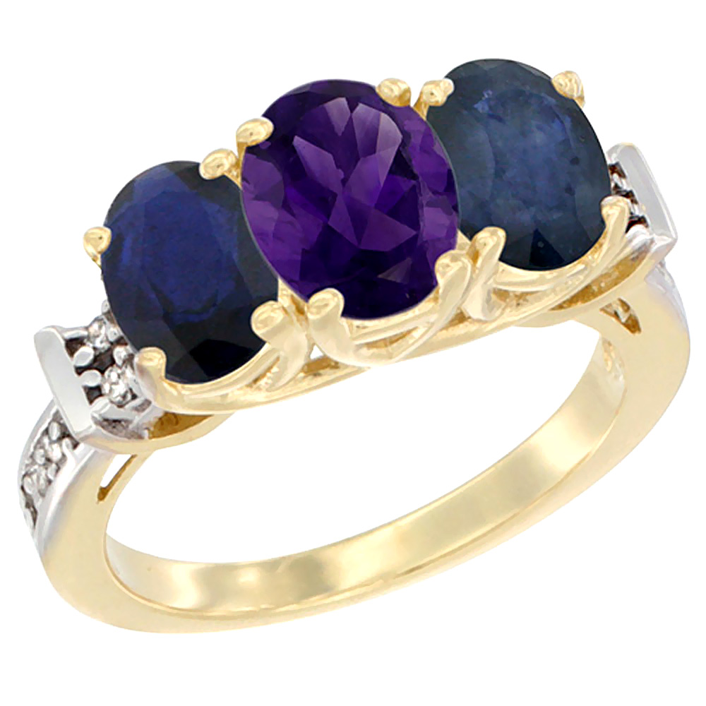 14K Yellow Gold Natural Amethyst & Blue Sapphire Sides Ring 3-Stone Oval Diamond Accent, sizes 5 - 10