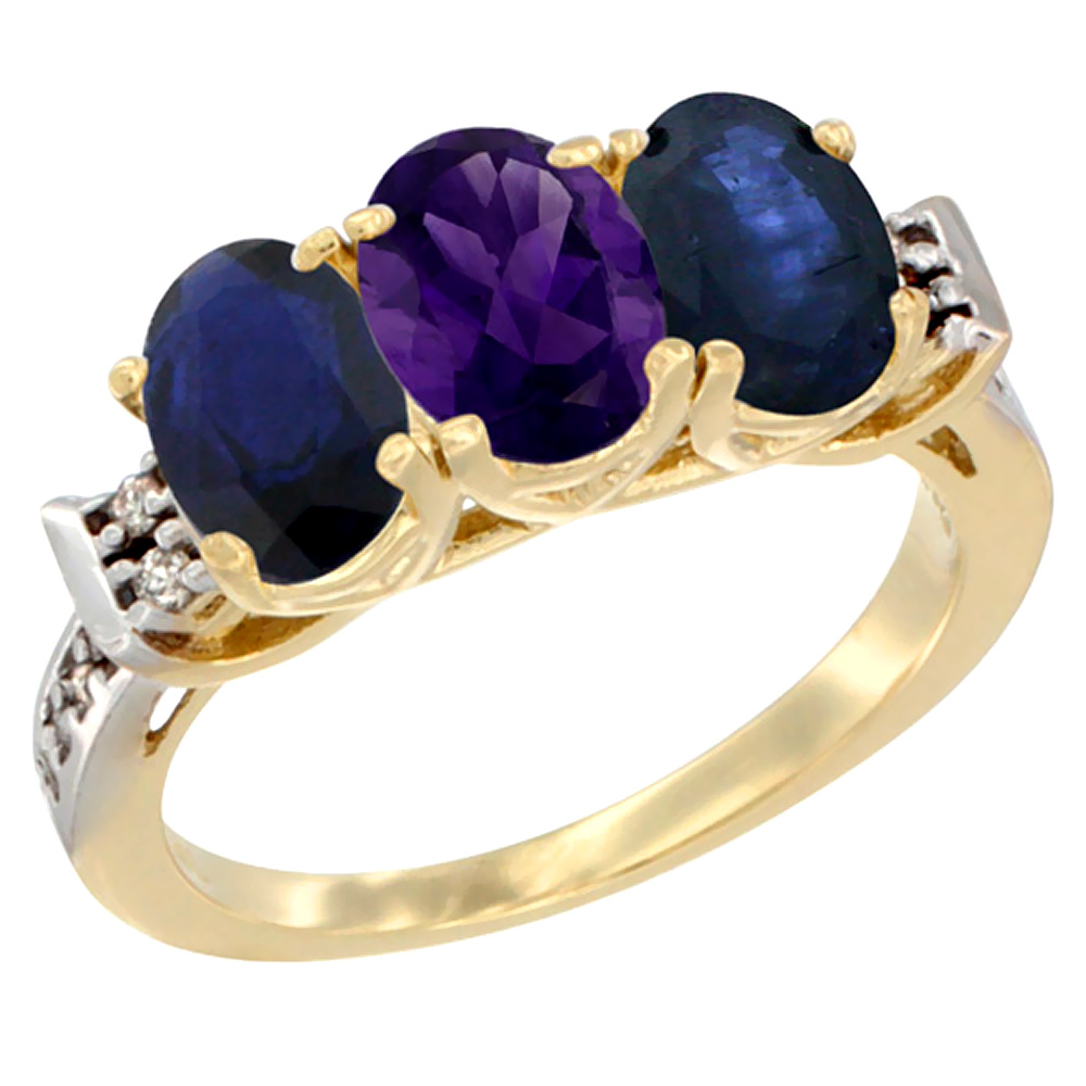 14K Yellow Gold Natural Amethyst &amp; Blue Sapphire Sides Ring 3-Stone Oval 7x5 mm Diamond Accent, sizes 5 - 10