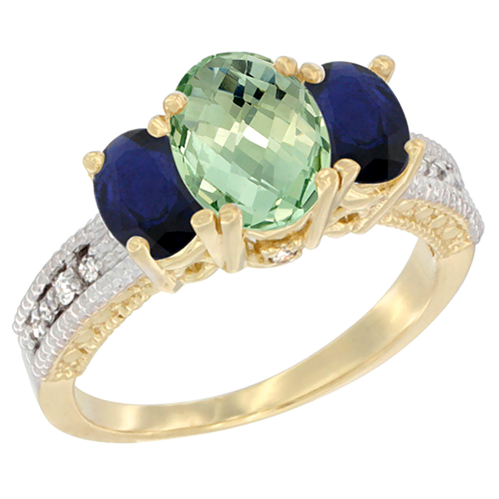14k Yellow Gold Ladies Oval Natural Green Amethyst 3-Stone Ring with Blue Sapphire Sides Diamond Accent
