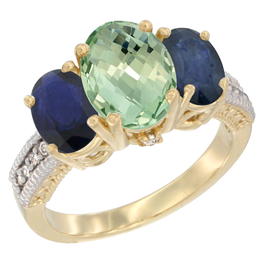 14K Yellow Gold Diamond Natural Green Amethyst Ring 3-Stone Oval 8x6mm with Blue Sapphire, sizes5-10