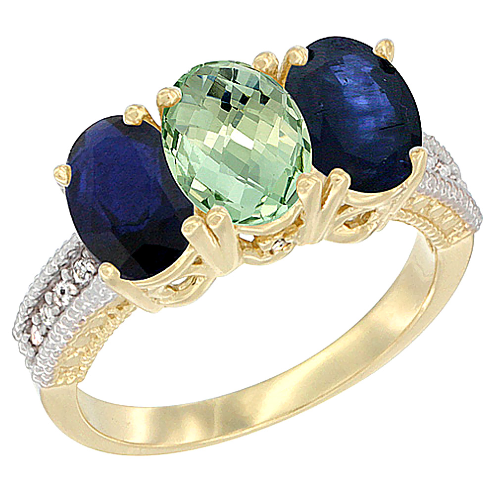 14K Yellow Gold Natural Green Amethyst &amp; Blue Sapphire Sides Ring 3-Stone 7x5 mm Oval Diamond Accent, sizes 5 - 10