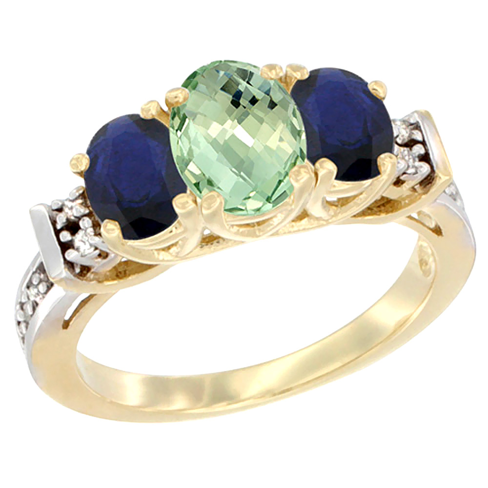 14K Yellow Gold Natural Green Amethyst & High Quality Blue Sapphire Ring 3-Stone Oval Diamond Accent