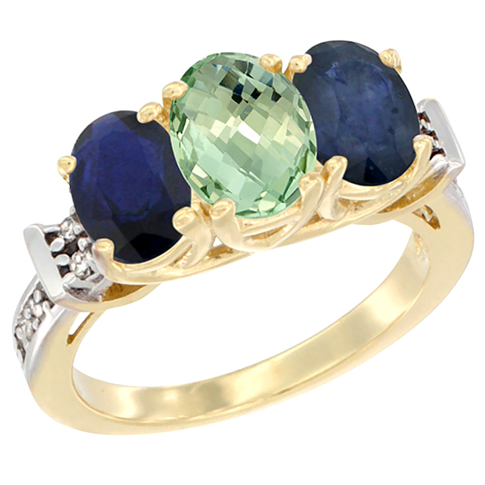 10K Yellow Gold Natural Green Amethyst &amp; Blue Sapphire Sides Ring 3-Stone Oval Diamond Accent, sizes 5 - 10
