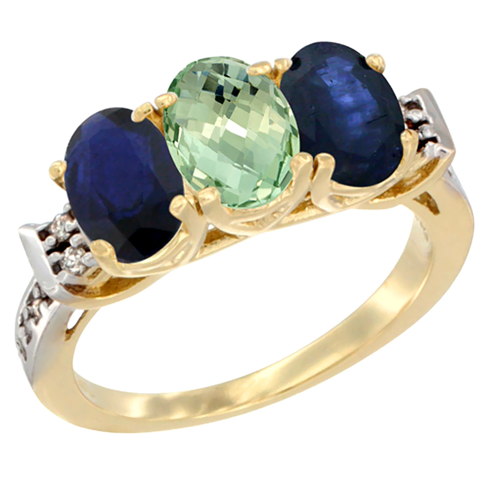 14K Yellow Gold Natural Green Amethyst &amp; Blue Sapphire Sides Ring 3-Stone Oval 7x5 mm Diamond Accent, sizes 5 - 10