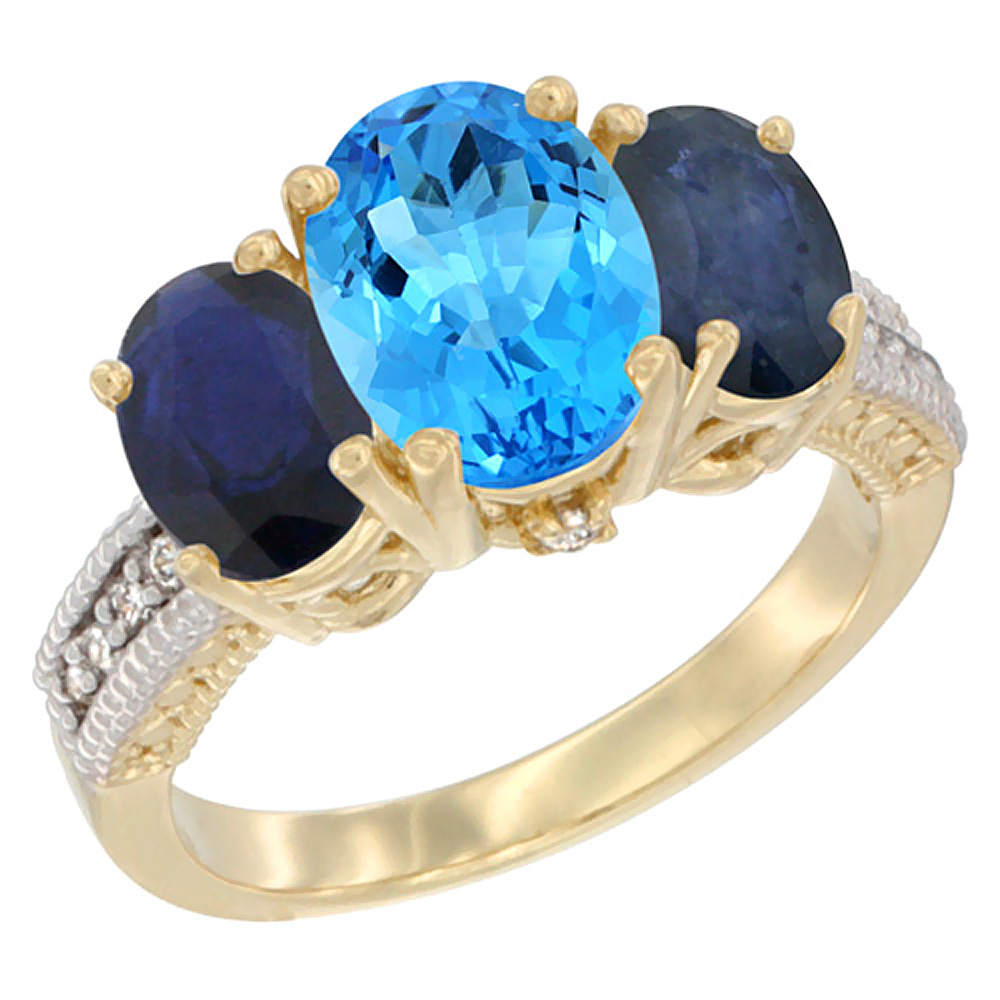10K Yellow Gold Diamond Natural Swiss Blue Topaz Ring 3-Stone Oval 8x6mm with Blue Sapphire, sizes5-10