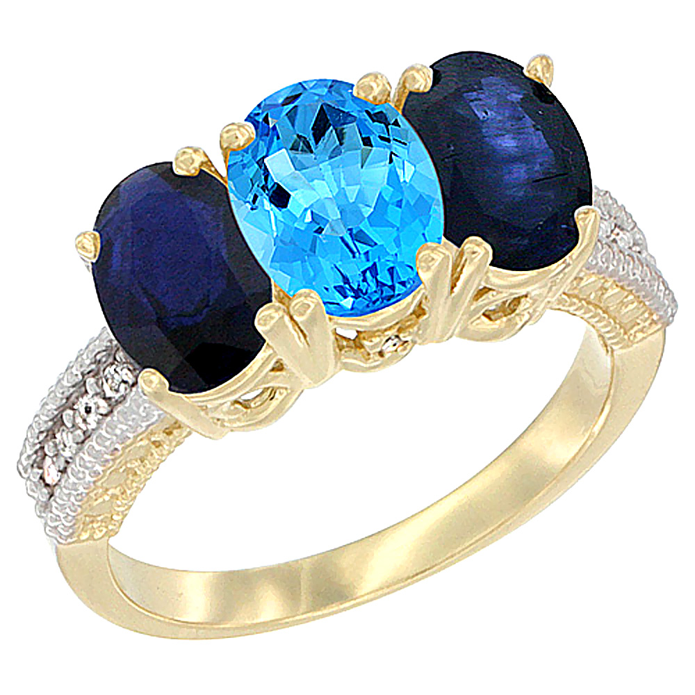 14K Yellow Gold Natural Swiss Blue Topaz &amp; Blue Sapphire Sides Ring 3-Stone 7x5 mm Oval Diamond Accent, sizes 5 - 10