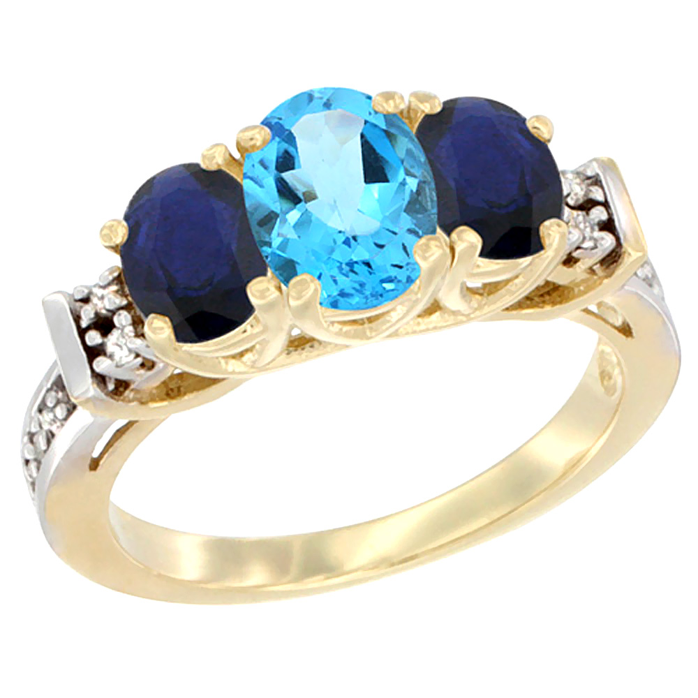 14K Yellow Gold Natural Swiss Blue Topaz &amp; Blue Sapphire Ring Oval 3-Stone Diamond Accent