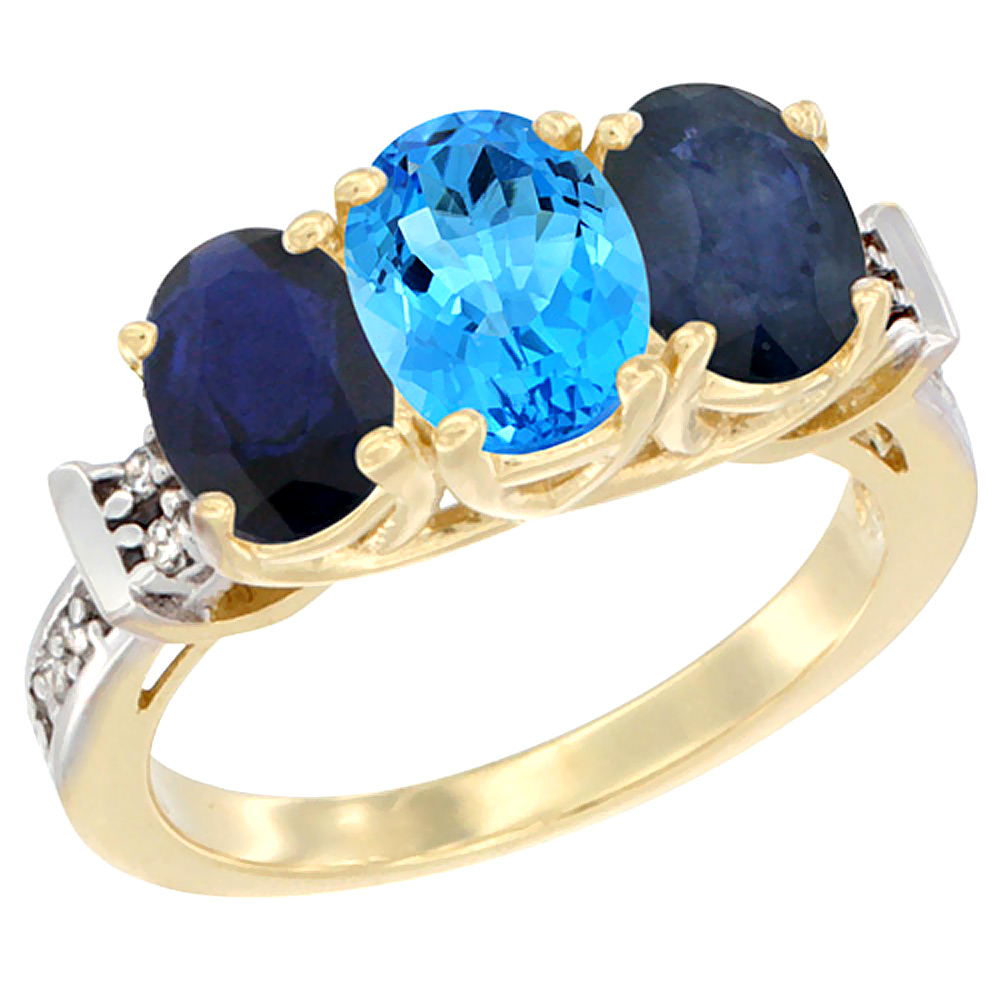 14K Yellow Gold Natural Swiss Blue Topaz & Blue Sapphire Sides Ring 3-Stone Oval Diamond Accent, sizes 5 - 10