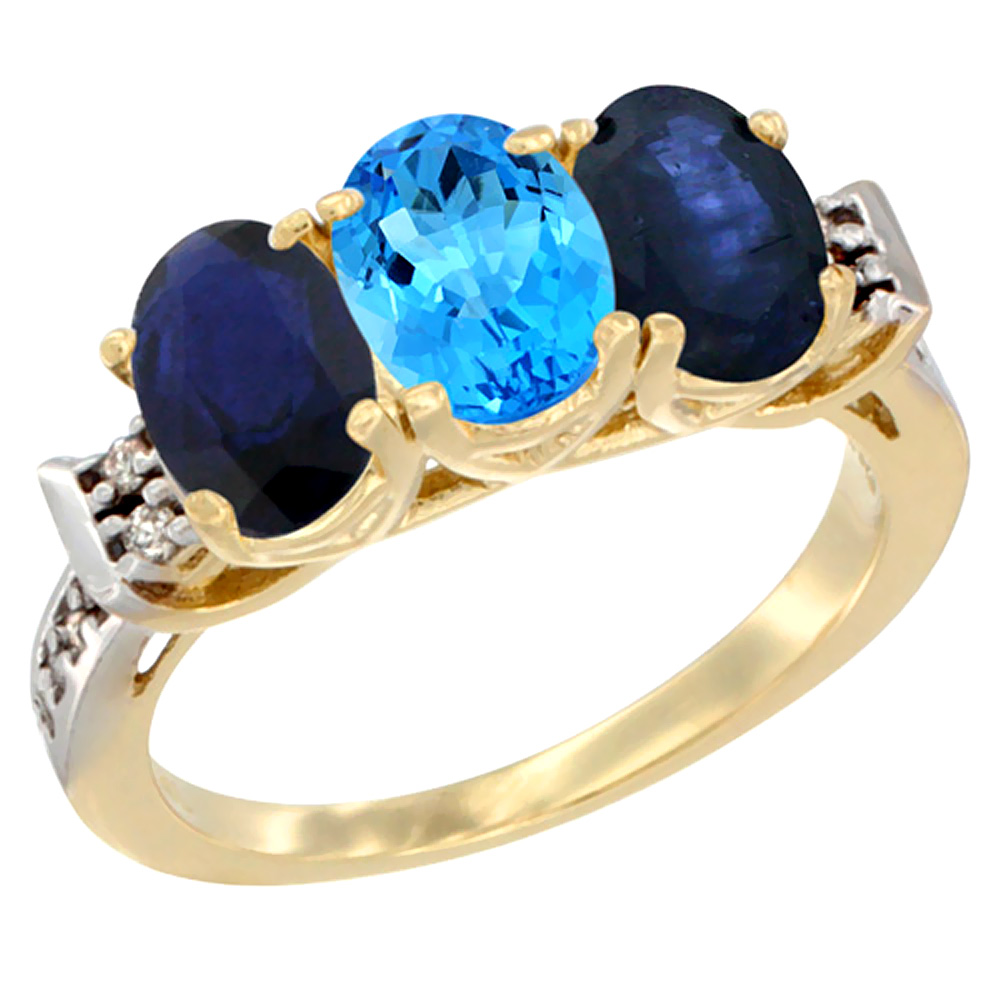 14K Yellow Gold Natural Swiss Blue Topaz &amp; Blue Sapphire Sides Ring 3-Stone Oval 7x5 mm Diamond Accent, sizes 5 - 10