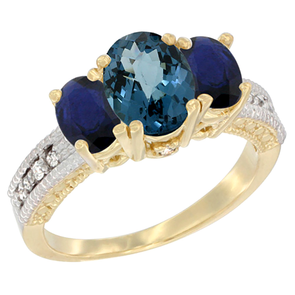 14k Yellow Gold Ladies Oval Natural London Blue Topaz 3-Stone Ring with Blue Sapphire Sides Diamond Accent