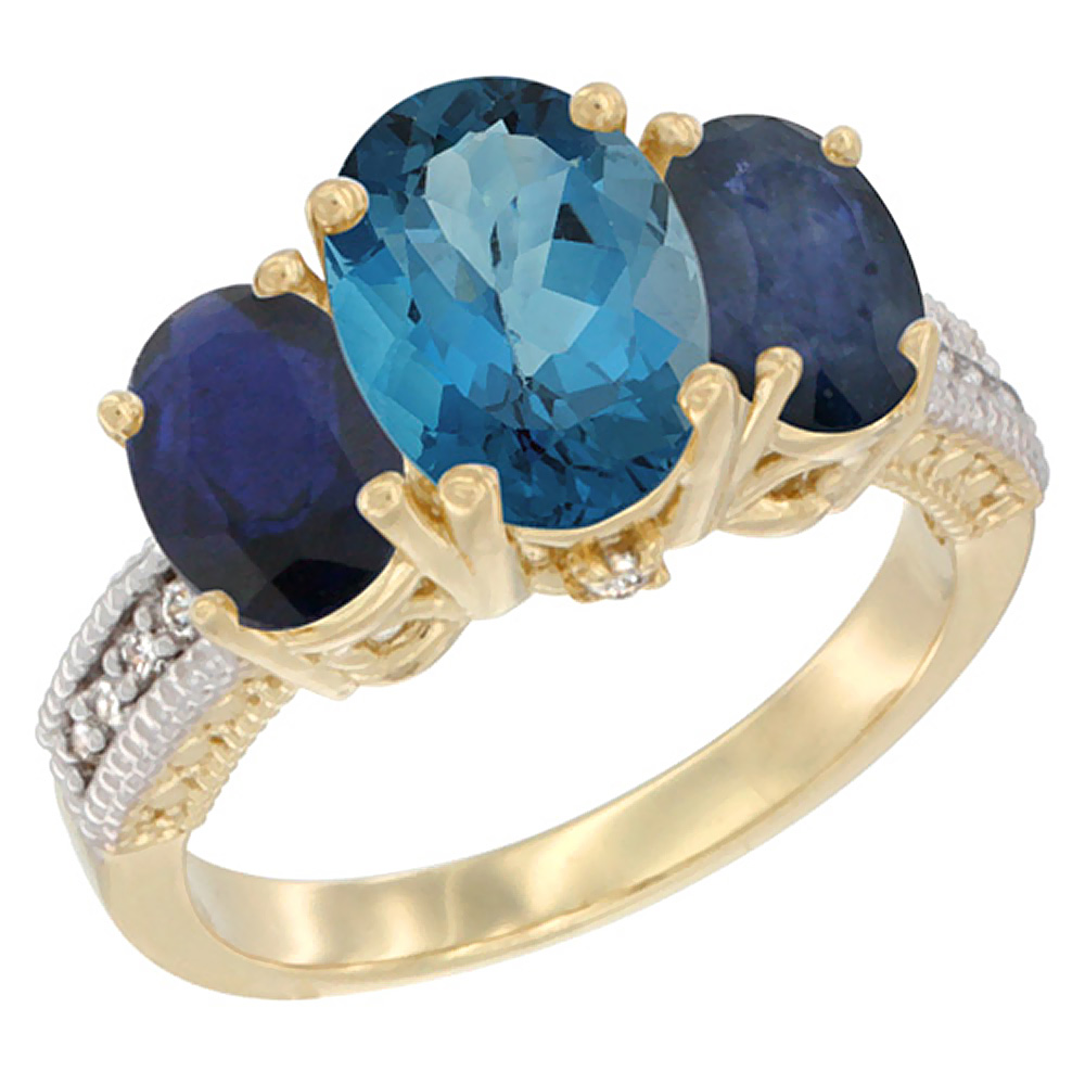 10K Yellow Gold Diamond Natural London Blue Topaz Ring 3-Stone Oval 8x6mm with Blue Sapphire, sizes5-10