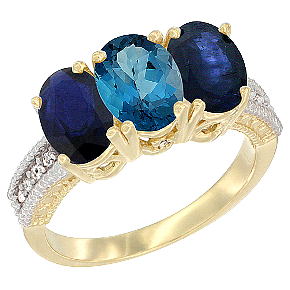 14K Yellow Gold Natural London Blue Topaz &amp; Blue Sapphire Sides Ring 3-Stone 7x5 mm Oval Diamond Accent, sizes 5 - 10