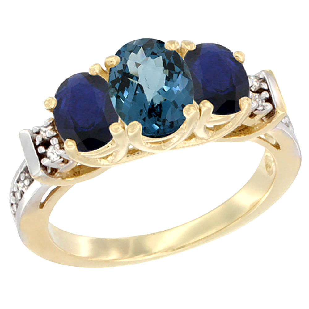 14K Yellow Gold Natural London Blue Topaz & Blue Sapphire Ring Oval 3-Stone Diamond Accent