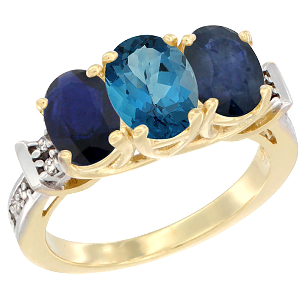 14K Yellow Gold Natural London Blue Topaz & Blue Sapphire Sides Ring 3-Stone Oval Diamond Accent, sizes 5 - 10