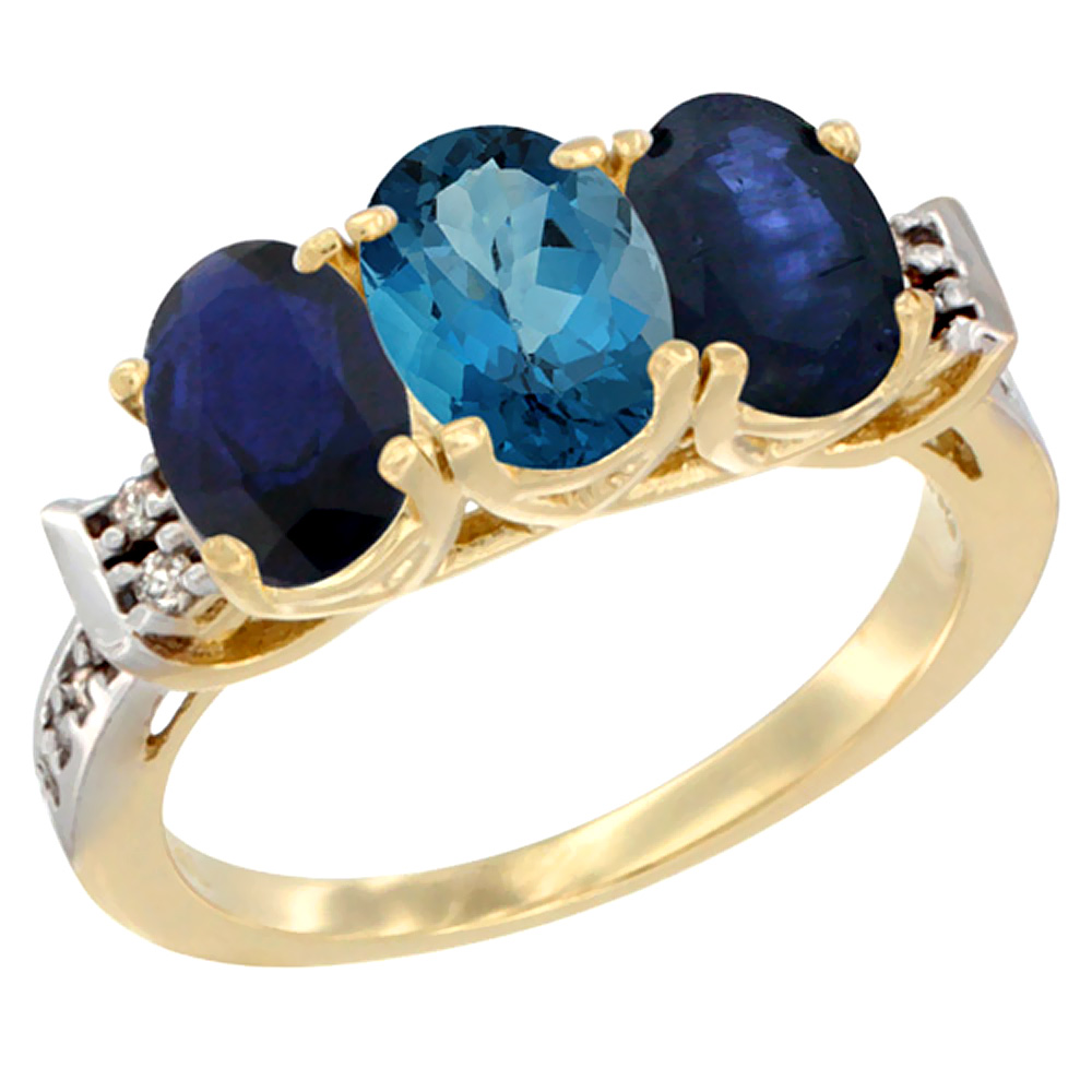 10K Yellow Gold Natural London Blue Topaz & Blue Sapphire Sides Ring 3-Stone Oval 7x5 mm Diamond Accent, sizes 5 - 10