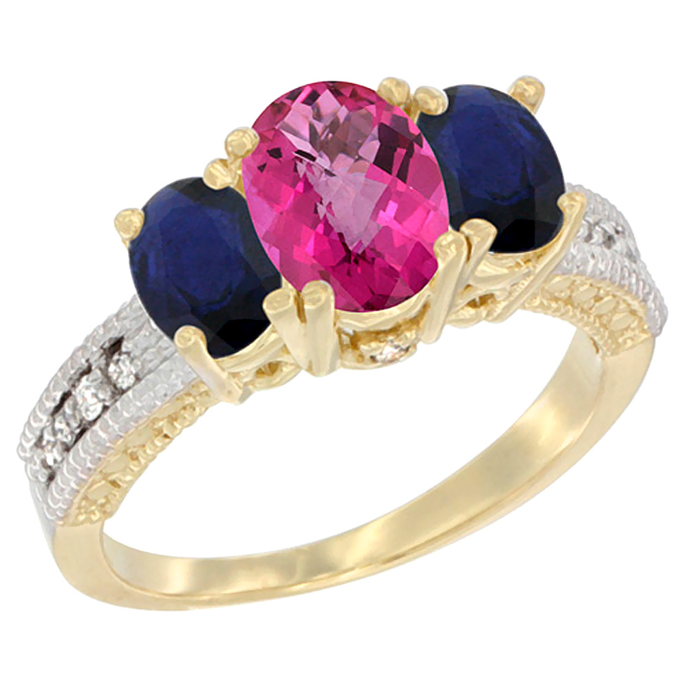 14k Yellow Gold Ladies Oval Natural Pink Topaz 3-Stone Ring with Blue Sapphire Sides Diamond Accent