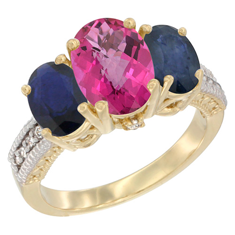 14K Yellow Gold Diamond Natural Pink Topaz Ring 3-Stone Oval 8x6mm with Blue Sapphire, sizes5-10