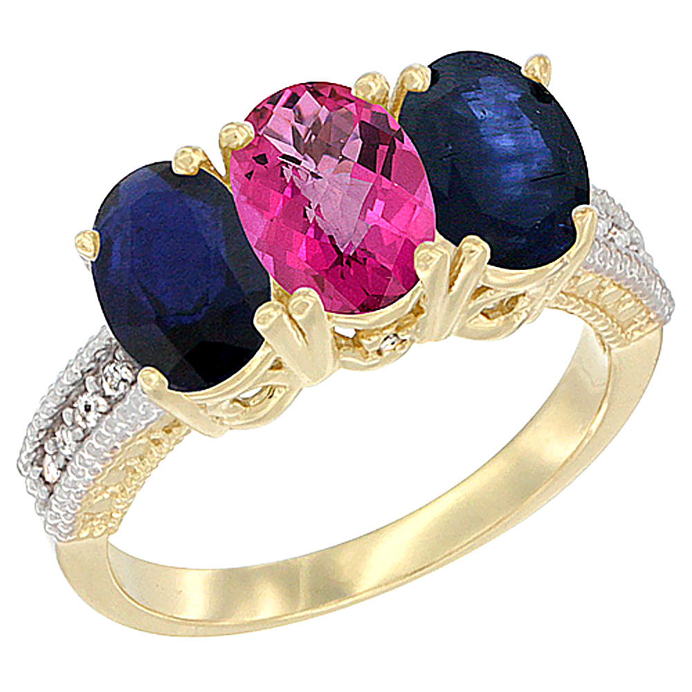 14K Yellow Gold Natural Pink Topaz &amp; Blue Sapphire Sides Ring 3-Stone 7x5 mm Oval Diamond Accent, sizes 5 - 10