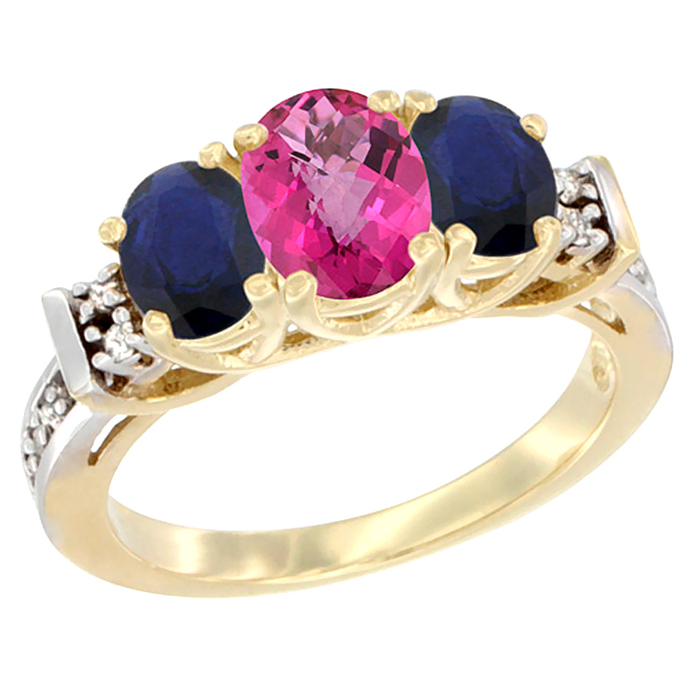 14K Yellow Gold Natural Pink Topaz & High Quality Blue Sapphire Ring 3-Stone Oval Diamond Accent