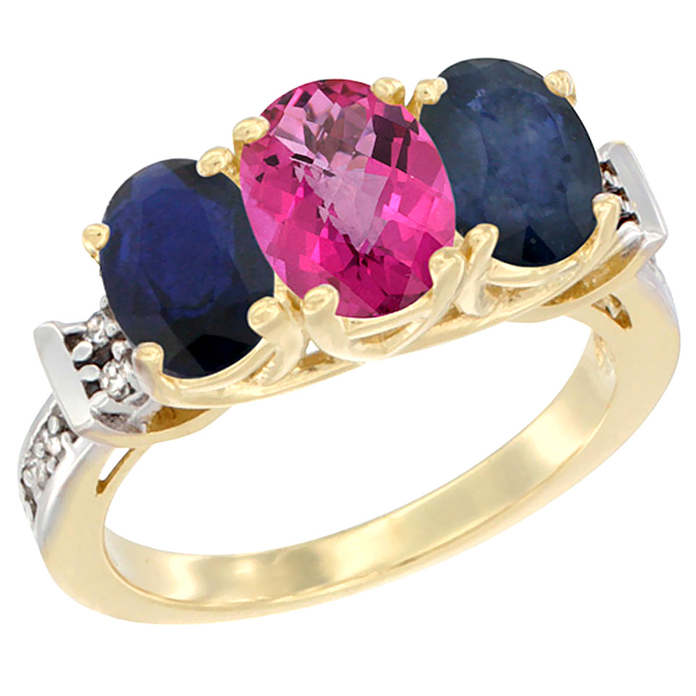 10K Yellow Gold Natural Pink Topaz &amp; Blue Sapphire Sides Ring 3-Stone Oval Diamond Accent, sizes 5 - 10