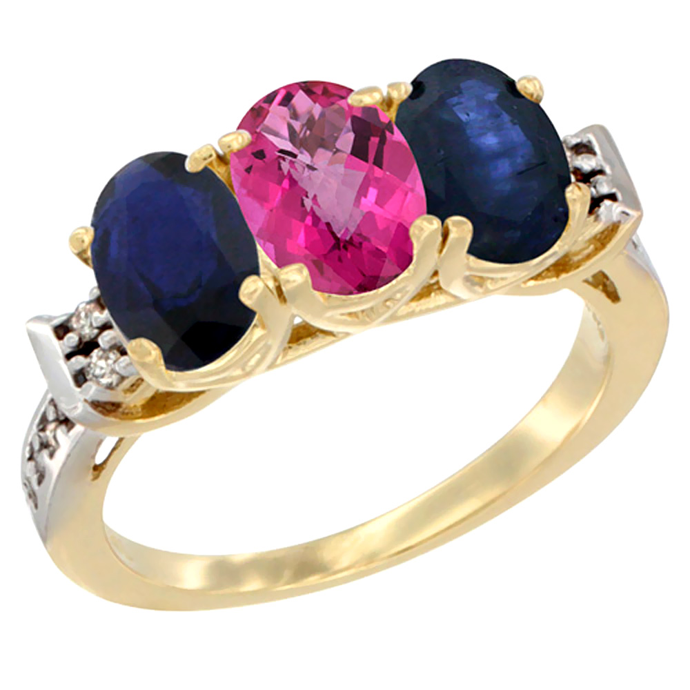 14K Yellow Gold Natural Pink Topaz & Blue Sapphire Sides Ring 3-Stone Oval 7x5 mm Diamond Accent, sizes 5 - 10