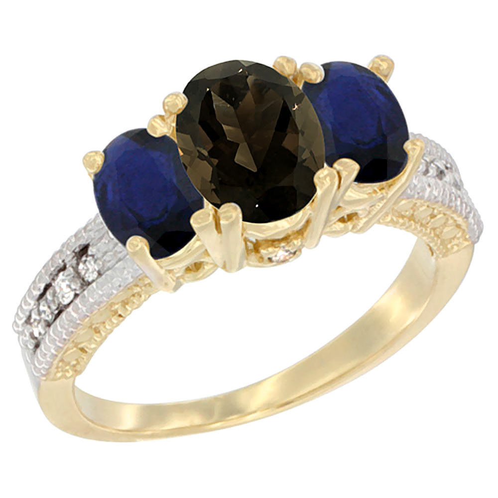 14K Yellow Gold Diamond Natural Smoky Topaz 7x5mm & 6x4mm Quality Blue Sapphire Oval 3-stone Ring,sz5-10