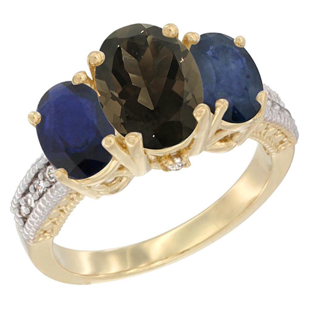14K Yellow Gold Diamond Natural Smoky Topaz Ring 3-Stone Oval 8x6mm with Blue Sapphire, sizes5-10