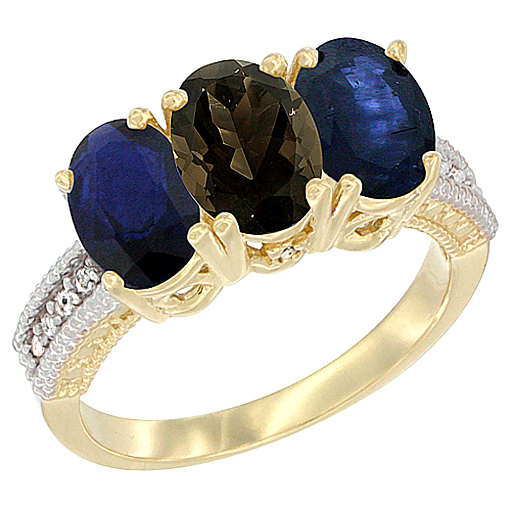 14K Yellow Gold Natural Smoky Topaz & Blue Sapphire Sides Ring 3-Stone 7x5 mm Oval Diamond Accent, sizes 5 - 10
