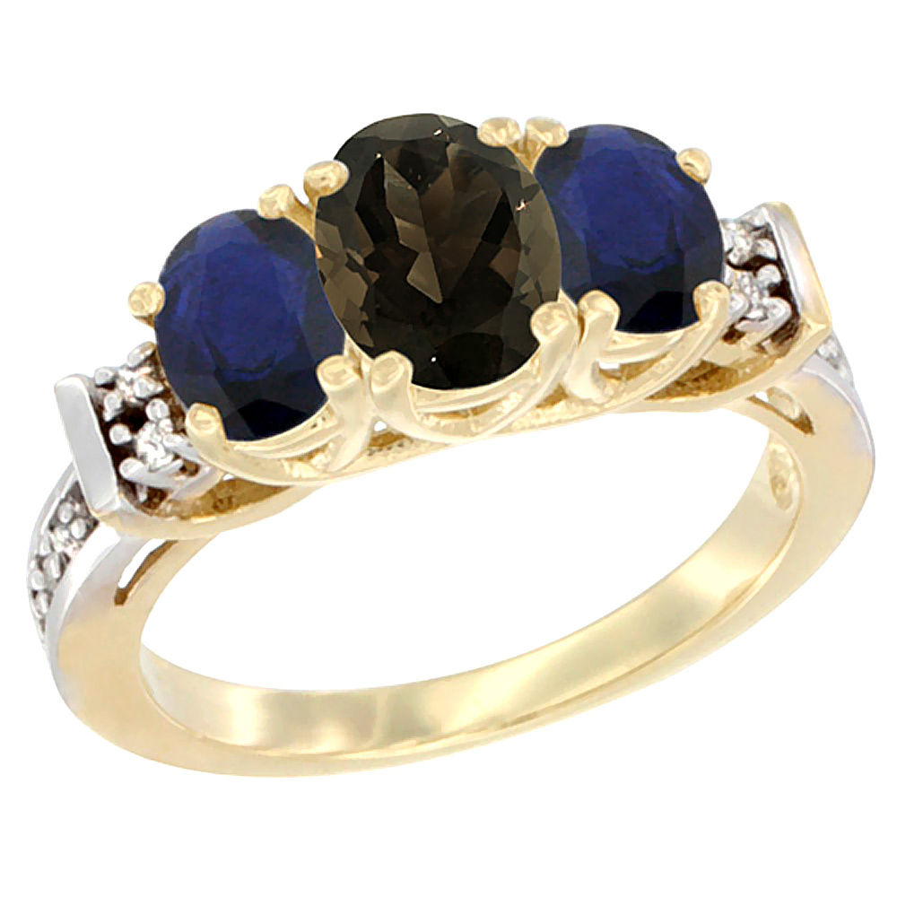 14K Yellow Gold Natural Smoky Topaz &amp; High Quality Blue Sapphire Ring 3-Stone Oval Diamond Accent