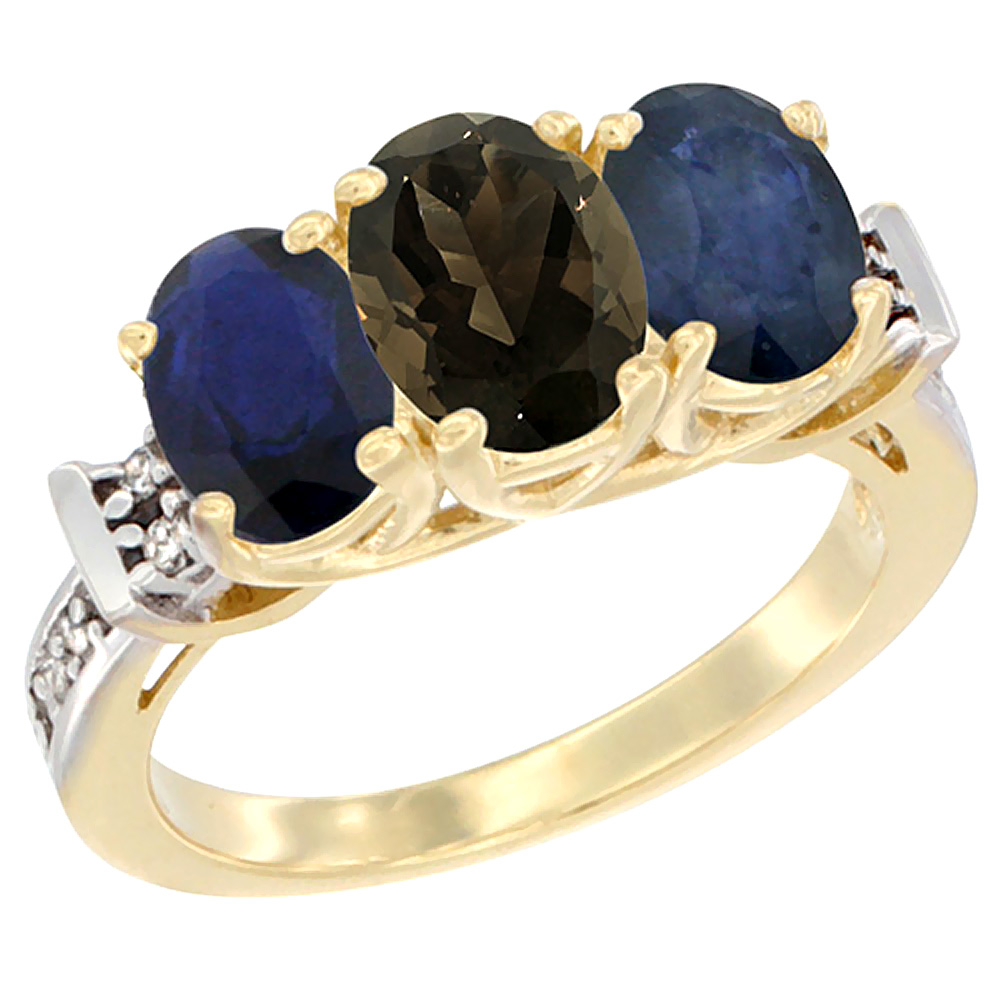 14K Yellow Gold Natural Smoky Topaz &amp; Blue Sapphire Sides Ring 3-Stone Oval Diamond Accent, sizes 5 - 10