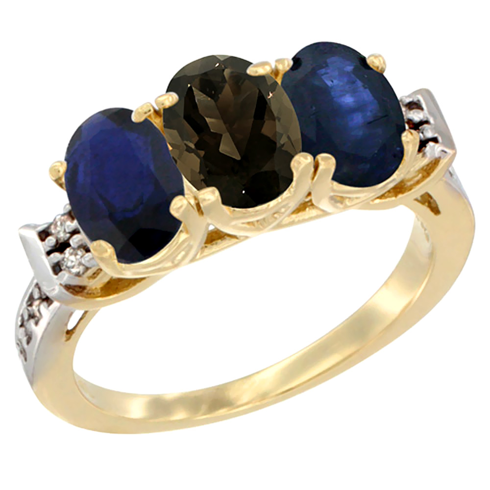 10K Yellow Gold Natural Smoky Topaz &amp; Blue Sapphire Sides Ring 3-Stone Oval 7x5 mm Diamond Accent, sizes 5 - 10