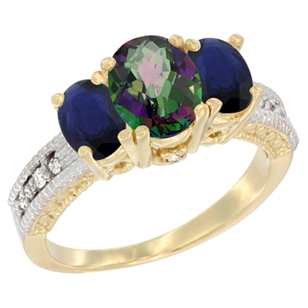 10K Yellow Gold Ladies Oval Natural Mystic Topaz Ring 3-stone with Blue Sapphire Sides Diamond Accent