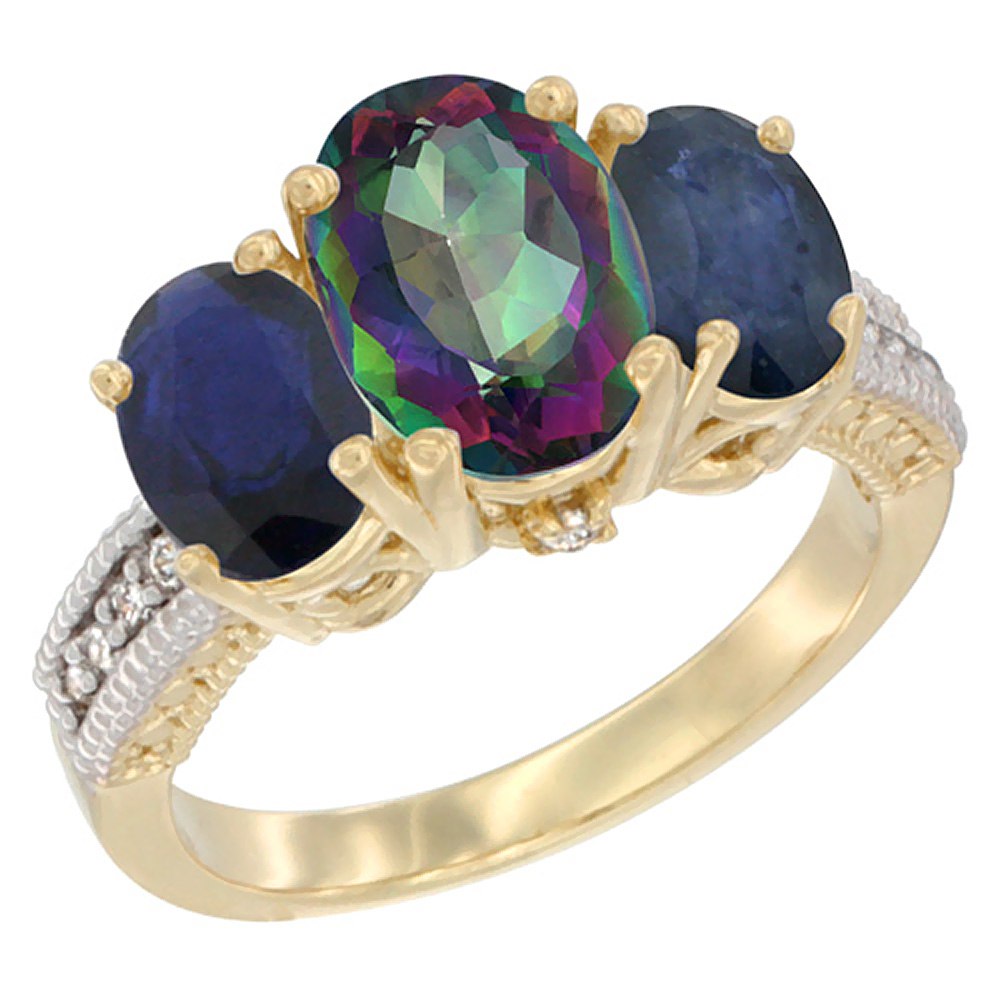 14K Yellow Gold Diamond Natural Mystic Topaz Ring 3-Stone Oval 8x6mm with Blue Sapphire, sizes5-10