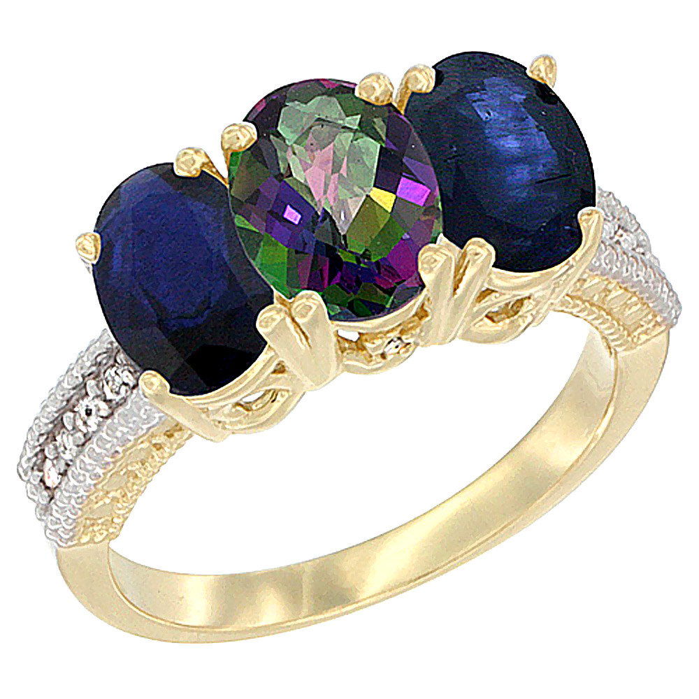 10K Yellow Gold Diamond Natural Mystic Topaz &amp; Blue Sapphire Ring 3-Stone 7x5 mm Oval, sizes 5 - 10