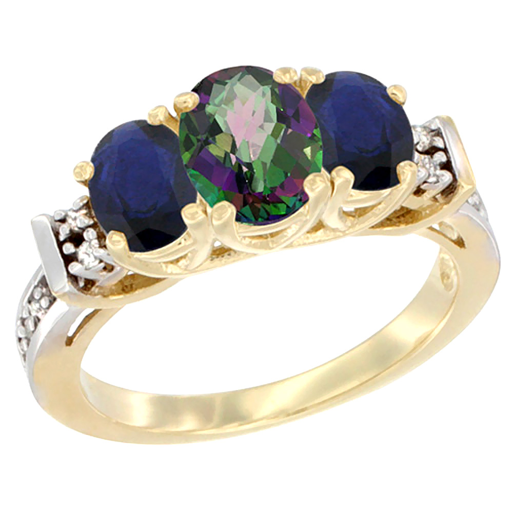 14K Yellow Gold Natural Mystic Topaz &amp; High Quality Blue Sapphire Ring 3-Stone Oval Diamond Accent