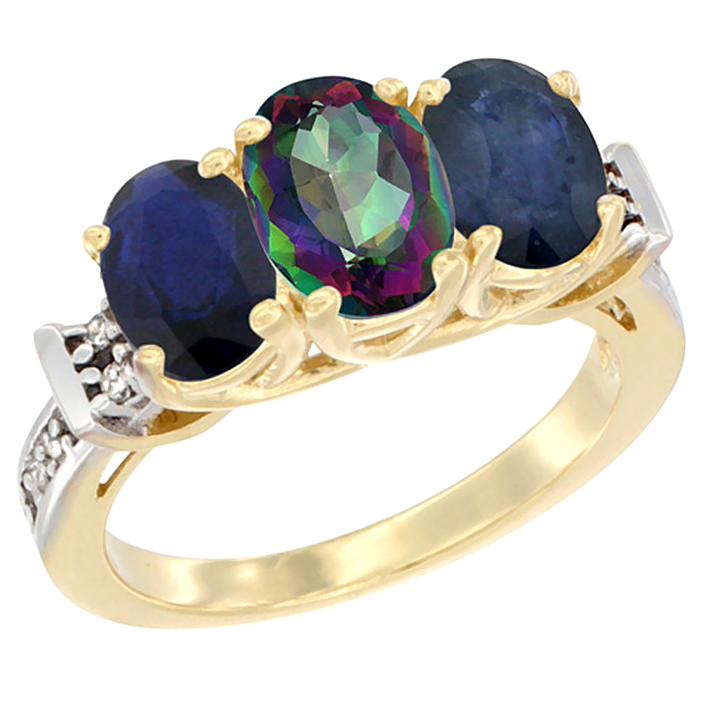10K Yellow Gold Natural Mystic Topaz &amp; Blue Sapphire Sides Ring 3-Stone Oval Diamond Accent, sizes 5 - 10