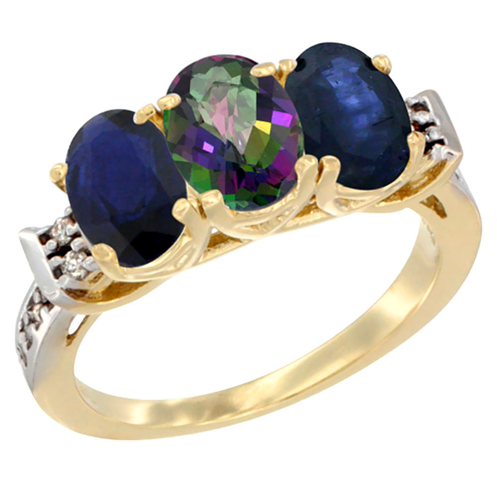 10K Yellow Gold Natural Mystic Topaz &amp; Blue Sapphire Sides Ring 3-Stone Oval 7x5 mm Diamond Accent, sizes 5 - 10