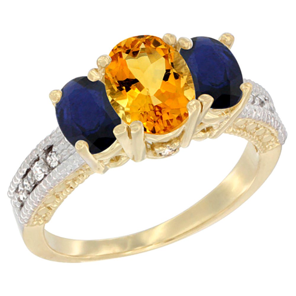 14K Yellow Gold Diamond Natural Citrine 7x5mm &amp; 6x4mm Quality Blue Sapphire Oval 3-stone Ring,size 5 - 10