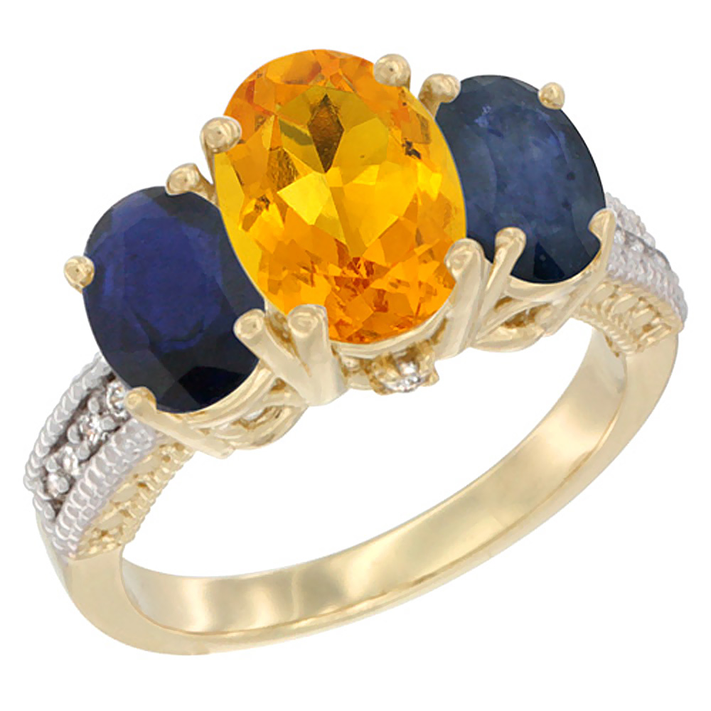 14K Yellow Gold Diamond Natural Citrine Ring 3-Stone Oval 8x6mm with Blue Sapphire, sizes5-10