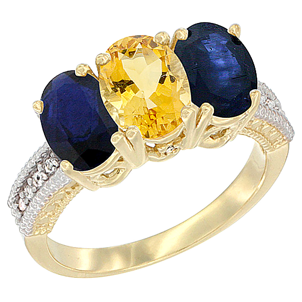 14K Yellow Gold Natural Citrine & Blue Sapphire Sides Ring 3-Stone 7x5 mm Oval Diamond Accent, sizes 5 - 10